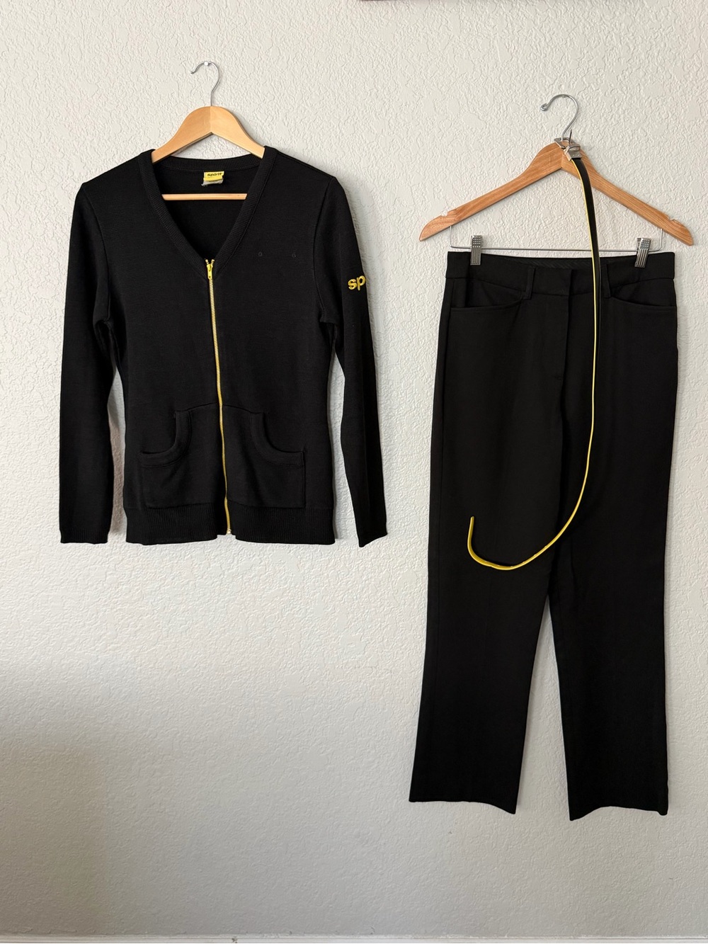 Spirit Airlines Stewardess Cardigan Black Straight Leg Pants & Belt Yellow Trim
